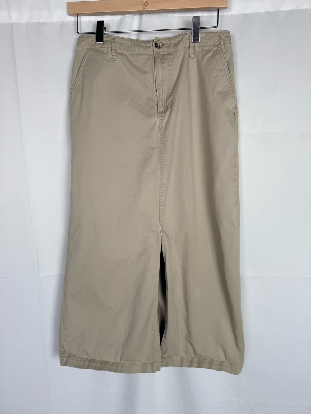 Classic Khaki Midi Skirt with Center Front Vent